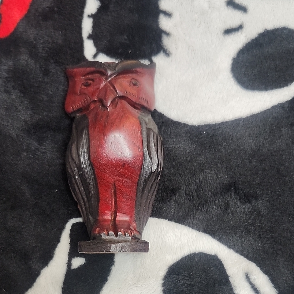 Handcrafted Wooden Owl Figurine - Red and Brown